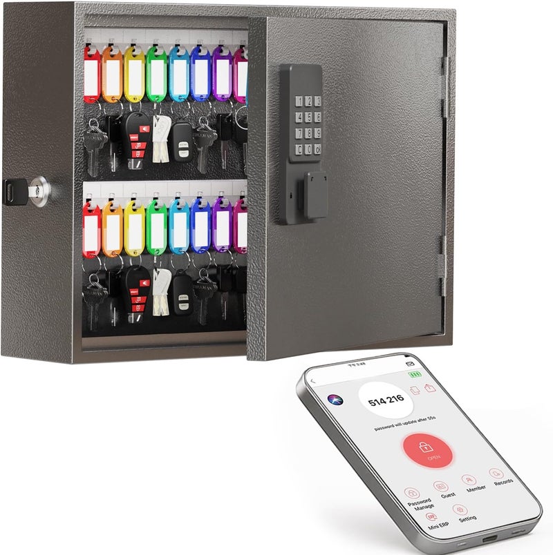 WeHere Smart Key Lock Box, Wall Mounted Key Cabinet with 60 Key Tags, Bluetooth App Control, OTP & Password Unlock, Wi-Fi Remote Unlock (Bridge Required), Steel Key Safe for Office Home Business - Image 1